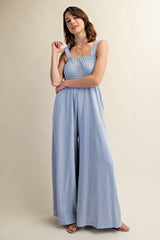 Blue Smocked Wide Leg Maternity Jumpsuit