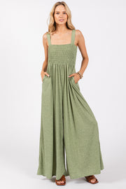 Green Smocked Wide Leg Jumpsuit