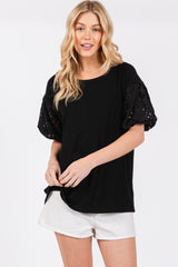 Black Short Puff Eyelet Lace Floral Sleeve Top