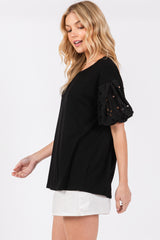 Black Short Puff Eyelet Lace Floral Sleeve Top