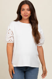 Ivory Short Puff Eyelet Lace Floral Sleeve Maternity Top