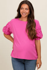 Pink Short Puff Eyelet Lace Floral Sleeve Maternity Top