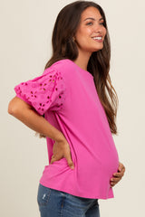 Pink Short Puff Eyelet Lace Floral Sleeve Maternity Top