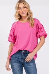 Pink Short Puff Eyelet Lace Floral Sleeve Maternity Top