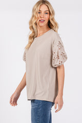 Taupe Short Puff Eyelet Lace Floral Sleeve Top