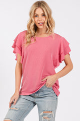 Fuchsia Ruffle Sleeve Ribbed Maternity Top