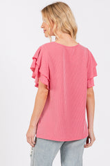 Fuchsia Ruffle Sleeve Ribbed Top