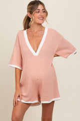 Peach Contrast Knit Maternity Romper