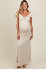 Beige Glitter Sweetheart Neck Ruffle Off Shoulder Maternity Maxi Dress