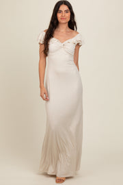 Beige Glitter Sweetheart Neck Ruffle Off Shoulder Maxi Dress