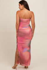 Pink Abstract Print Ruched Side Slit Maternity Maxi Dress