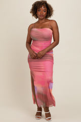 Pink Abstract Print Ruched Side Slit Maternity Maxi Dress