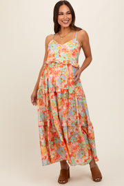 Multi-Color Floral Ruffle Tiered Sleeveless Maternity Midi Dress