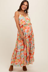 Multi-Color Floral Ruffle Tiered Sleeveless Maternity Midi Dress