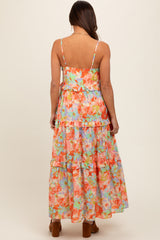 Multi-Color Floral Ruffle Tiered Sleeveless Maternity Midi Dress