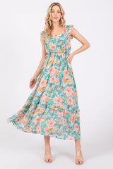 Aqua Watercolor Floral Ruffle Accent Maternity Midi Dress