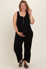 Black Ribbed Button Front Sleeveless Plus Maternity Jumpsuit