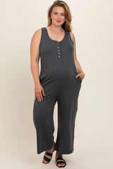 Charcoal Ribbed Button Front Sleeveless Plus Maternity Jumpsuit