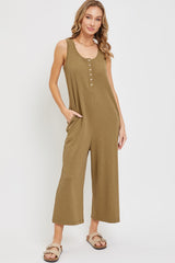 Olive Ribbed Button Front Sleeveless Maternity Jumpsuit