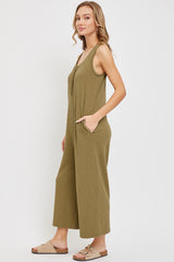 Olive Ribbed Button Front Sleeveless Jumpsuit