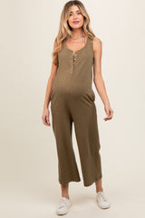 Olive Ribbed Button Front Sleeveless Maternity Jumpsuit