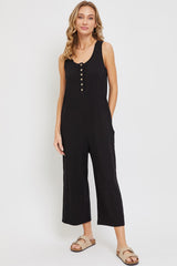 Black Ribbed Button Front Sleeveless Maternity Jumpsuit