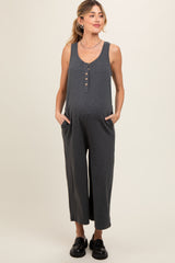 Charcoal Ribbed Button Front Sleeveless Maternity Jumpsuit