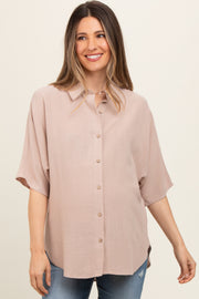 Beige Linen Dolman Half Sleeve Button Down Maternity Top