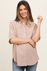 Beige Linen Dolman Half Sleeve Button Down Maternity Top