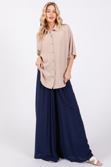 Beige Linen Dolman Half Sleeve Button Down Top