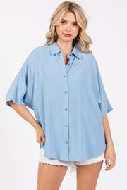 Light Blue Linen Dolman Half Sleeve Button Down Top