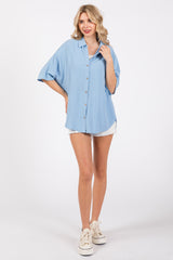 Light Blue Linen Dolman Half Sleeve Button Down Top