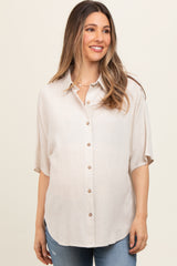 Cream Linen Dolman Half Sleeve Button Down Maternity Top