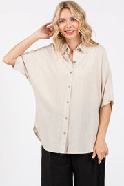 Cream Linen Dolman Half Sleeve Button Down Top