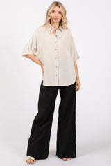 Cream Linen Dolman Half Sleeve Button Down Top