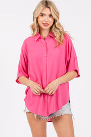 Fuchsia Linen Dolman Half Sleeve Button Down Top