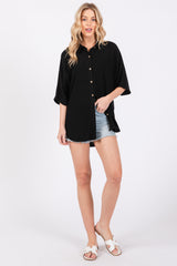 Black Linen Dolman Half Sleeve Button Down Top