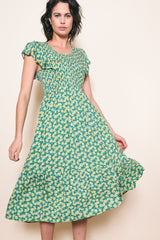 Green Floral Smocked Midi Dress