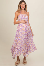 Lavender Floral Smocked Halter Flowy Maternity Maxi Dress