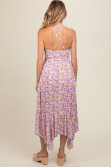 Lavender Floral Smocked Halter Flowy Maternity Maxi Dress