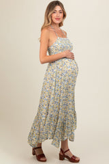 Teal Floral Smocked Halter Flowy Maternity Maxi Dress