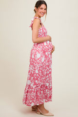 Coral Ruffle Sleeve Tiered Maternity Maxi Dress