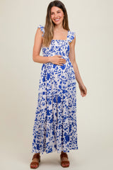 Royal Blue Ruffle Sleeve Tiered Maternity Maxi Dress