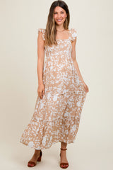 Beige Ruffle Sleeve Tiered Maternity Maxi Dress