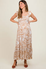 Beige Ruffle Sleeve Tiered Maternity Maxi Dress