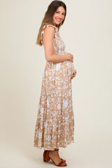 Beige Ruffle Sleeve Tiered Maternity Maxi Dress