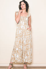 Beige Ruffle Sleeve Tiered Maxi Dress