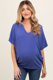 Blue V-Neck Crepe Knit Maternity Top