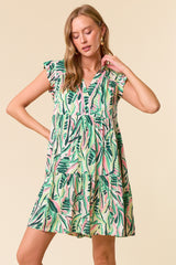 Green Printed Ruffle Sleeve Maternity Dress