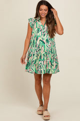 Green Printed Ruffle Sleeve Maternity Dress